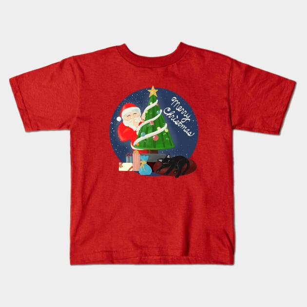 Santa and cat Kids T-Shirt by BATKEI